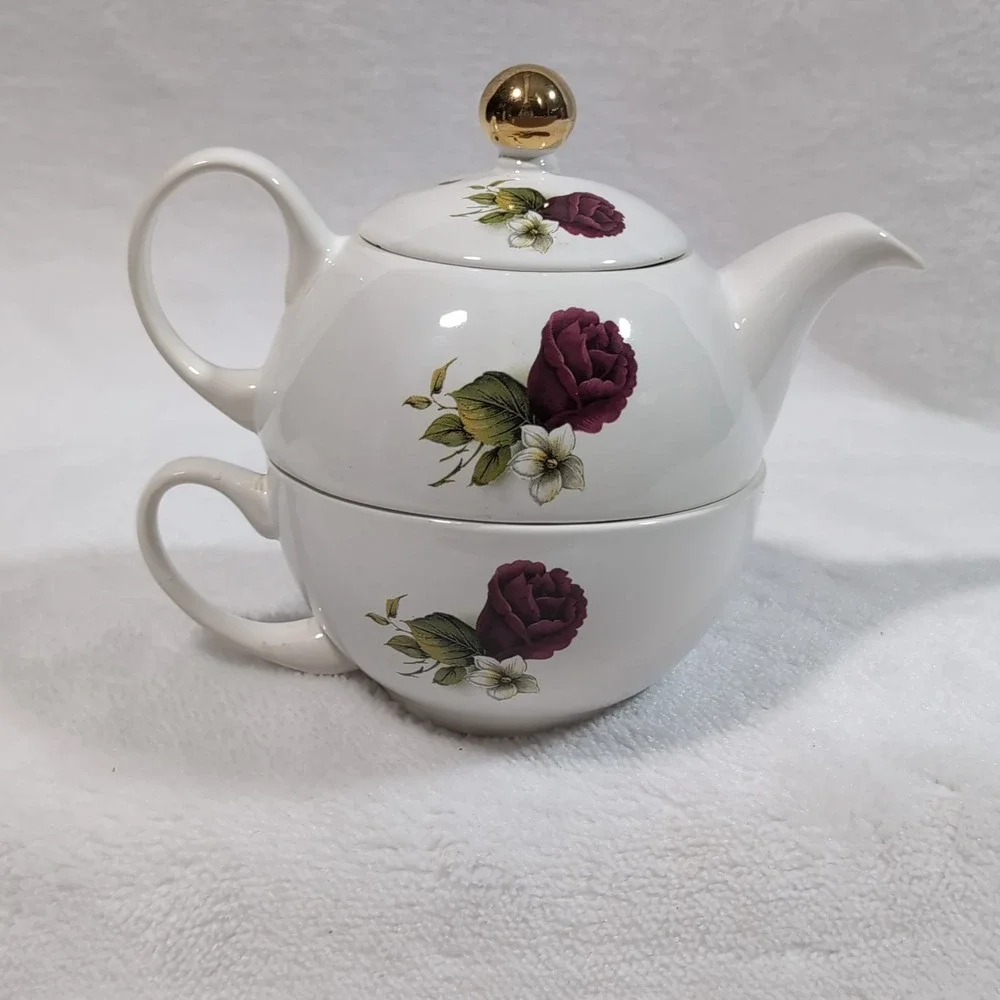 Vtg Arthur Wood & Son Tea for One Set Staffordshire Stackable Rose Floral 6460 - Picture 5 of 14